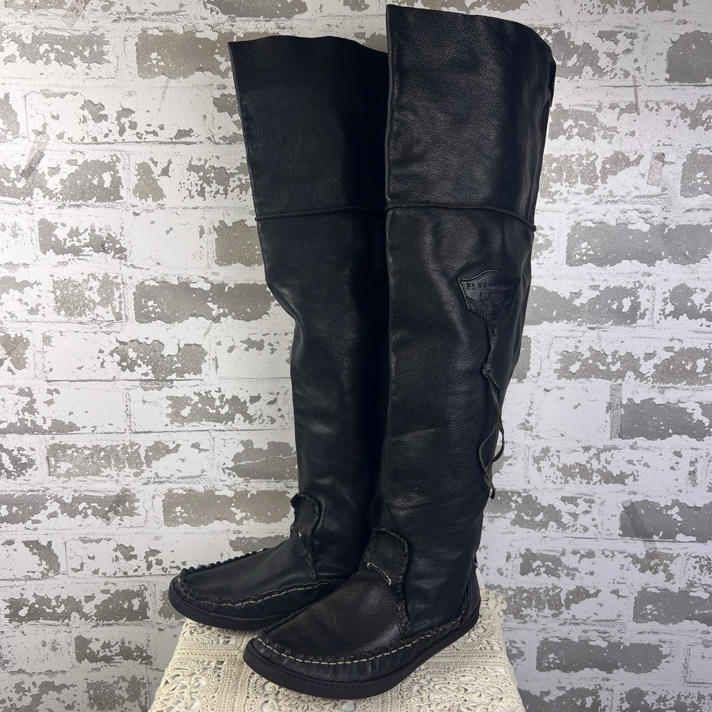 El Vaquero Black Majove Over The Knee Moccasin Boots Sz38 US 7.5-8 Leather Moto